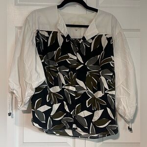 Xacus Leaf-Print Button Down Blouse